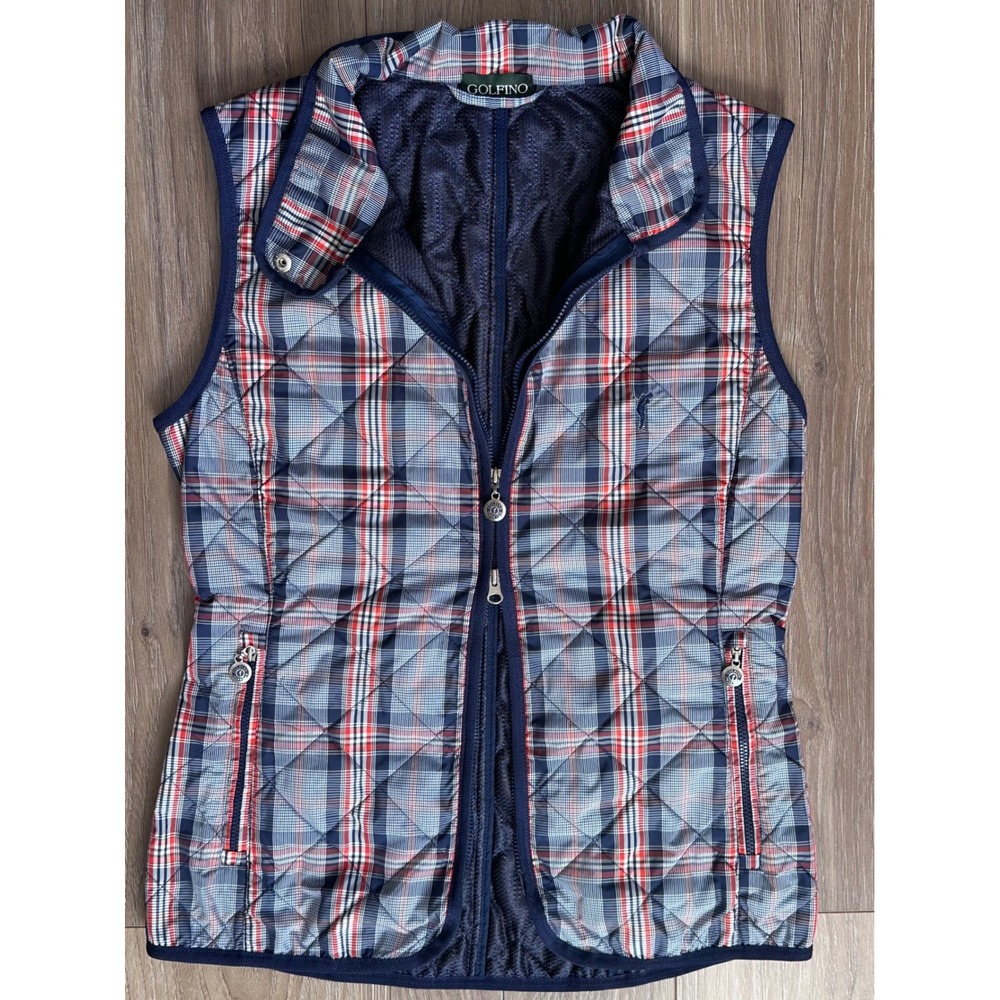 Golfino Womens Plaid Quilted Golf Vest Navy Red White Full Zip Size 2  Americana